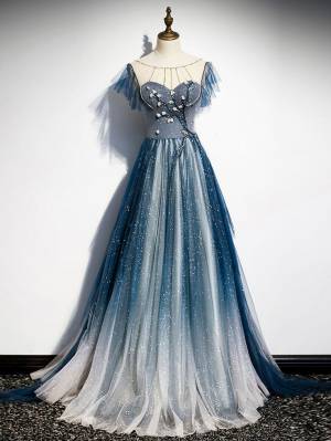 Blue Tulle Round Neck With Beads Long Prom Evening Dress
