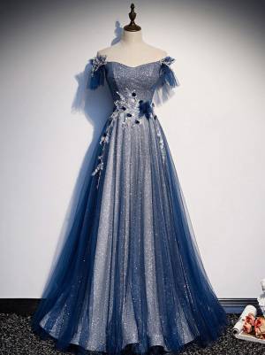 Off Shoulder Blue Tulle Lace Long Prom Dress