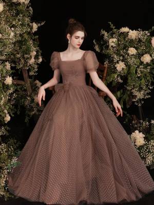 Square Brown Tulle Simple Long Prom Evening Dress