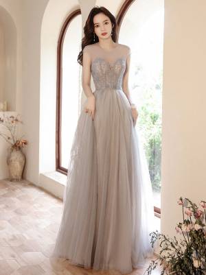 Gray Tulle Round Neck With Beads Long Prom Evening Dress