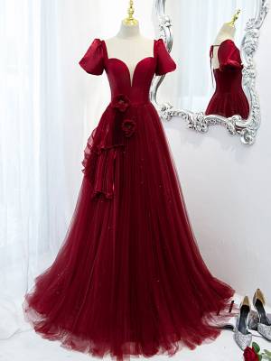 Burgundy Tulle Long Prom Evening Dress