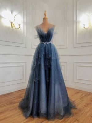 Vintage Gray/Blue Tulle Prom Formal Dress