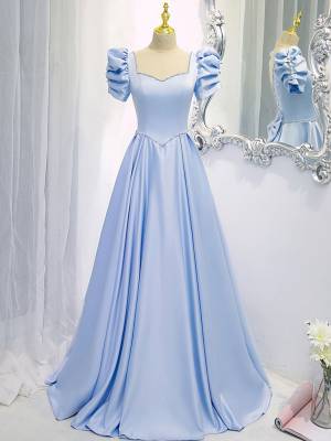 Blue Satin Backless Long Prom Evening Dress
