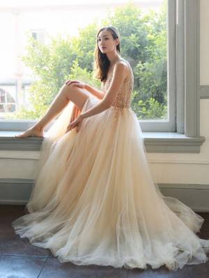 Champagne Tulle V-neck With Beads Long Prom Evening Dress