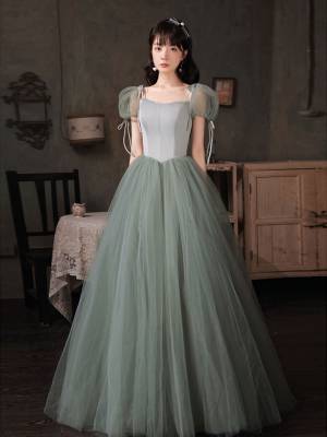 Gray/Green Tulle Long Prom Formal Dress