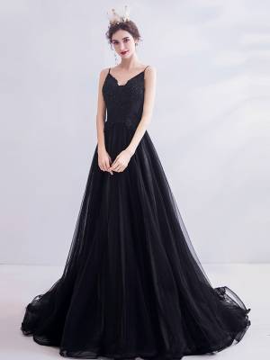 Black Tulle Lace V-neck Long Prom Evening Dress