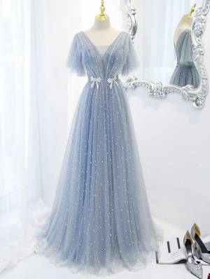 Blue Tulle V-neck With Beads Long Prom Formal Dress