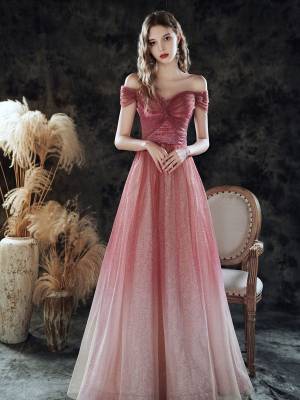 Burgundy Tulle Sweetheart With Sequin Long Prom Evening Dress
