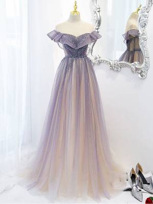 Purple Tulle Off-the-shoulder With Sequin Long Prom Evening Dress