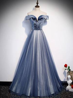 Blue Tulle With Beads Long Prom Formal Dress