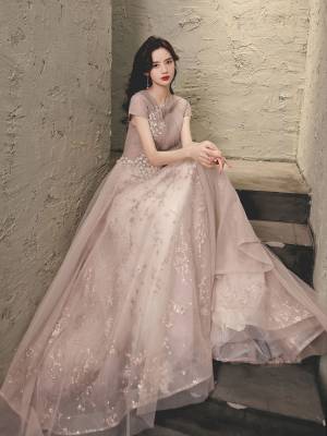 Pink Tulle Lace Long Prom Formal Dress