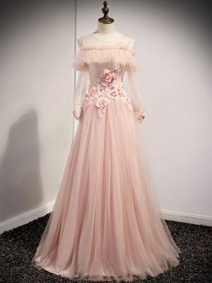 Pink Tulle Lace Round Neck Long Prom Formal Dress