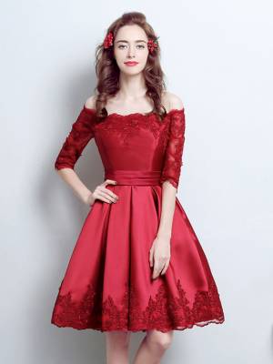 Hot Sale Burgundy Lace Satin Short/Mini Prom Bridesmaid Dress