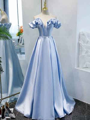 Off-the-shoulder A-line Blue Stain Long Prom Evening Dress