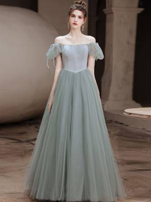 Gray/Green Tulle Simple Long Prom Evening Dress