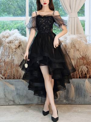 High Low Black Tulle Lace Prom Homecoming Dress