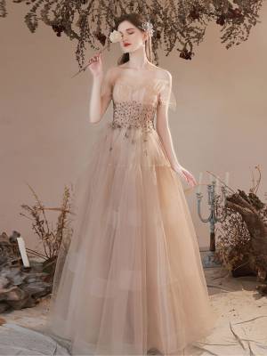 Champagne A-line With Beading/Sequin Long Prom Formal Graduation Dress