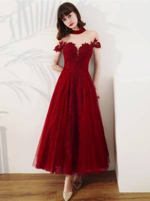 Burgundy Tulle Lace Tea-length Prom Evening Dress