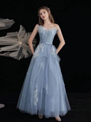Blue Tulle Lace Tea-length Prom Formal Dress