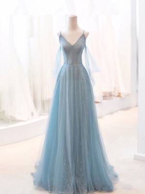 Gray/Blue Tulle V-neck With Sequin Long Prom Evening Dress