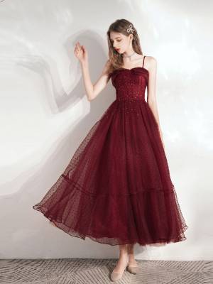 A-line Tea-length Burgundy Prom Homecoming Dress