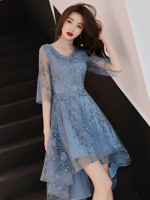 Blue Tulle Lace V-neck High Neck Prom Homecoming Dress