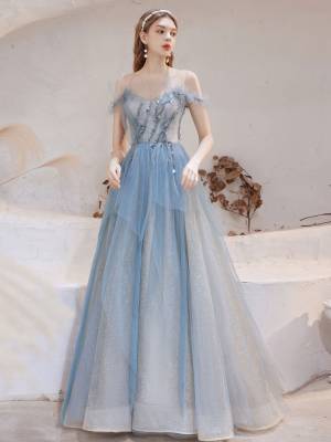 Blue Tulle Off-the-shoulder With Beads Long Prom Formal Dress