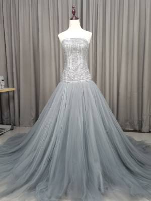 Gray Tulle With Beads Long Prom Formal Party Dress