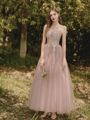 Pink Tulle Lace Tea-length Prom Evening Dress