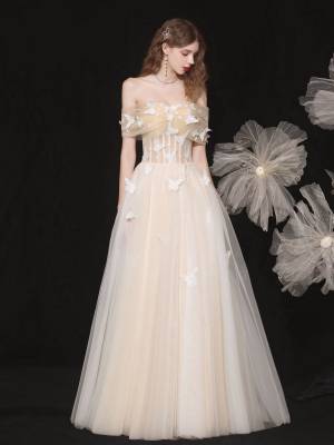 Champagne Tulle Lace With Applique Long Prom Evening Dress