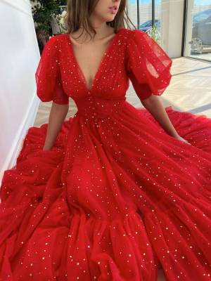Beautiful Red Tulle Tea-length  V-neck Prom Evening Dress
