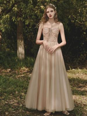 Champagne Tulle Lace Tea-length Prom Evening Dress