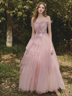 Pink Tulle Sweetheart Long Prom Formal Dress