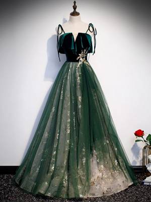 Green Tulle Lace Long Prom Formal Dress