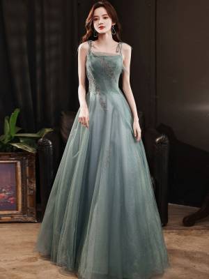 Green Tulle With Sequin Long Prom Evening Dress