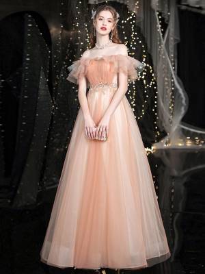 Champagne Tulle Sweetheart Long Prom Formal Dress