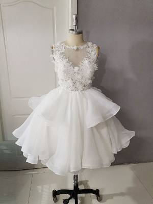 Ball Gown White Tulle Round Neck Short/Mini Prom Homecoming Dress with Lace