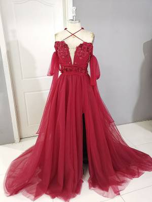 Dark/Red Tulle Lace Long Prom Evening Dress