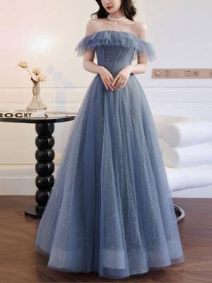 Gray/Blue Tulle Long Prom Formal Dress