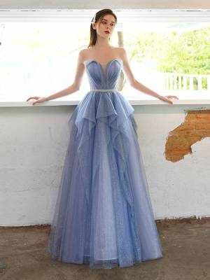 Tulle A-line With Sequin Long Prom Evening Dress