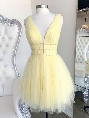 Yellow Tulle V-neck With Beads Short/Mini Cute Prom Homecoming Dress