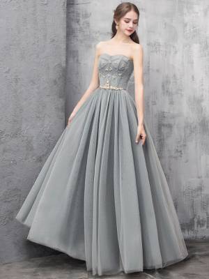 Gray Tulle A-line Long Prom Evening Dress