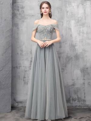 Gray Tulle Off-the-shoulder A-line With Beads Long Prom Evening Dress