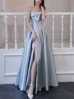 Blue Satin Simple Long Prom Evening Dress