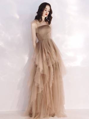 Champagne Tulle Long Prom Evening Dress