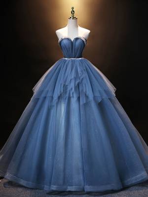 Blue Tulle Sweetheart Long Prom Evening Dress