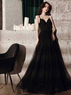 Black Tulle Lace V-neck Long Prom Evening Dress