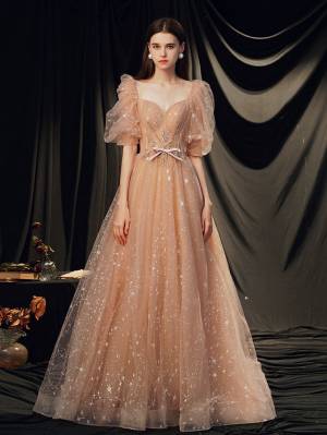 Champagne Tulle A-line Long Prom Evening Dress