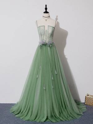 Green Tulle Lace Long Prom Formal Graduation Dress