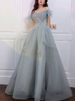 Gray/Blue Tulle Sweetheart Long Prom Evening Dress